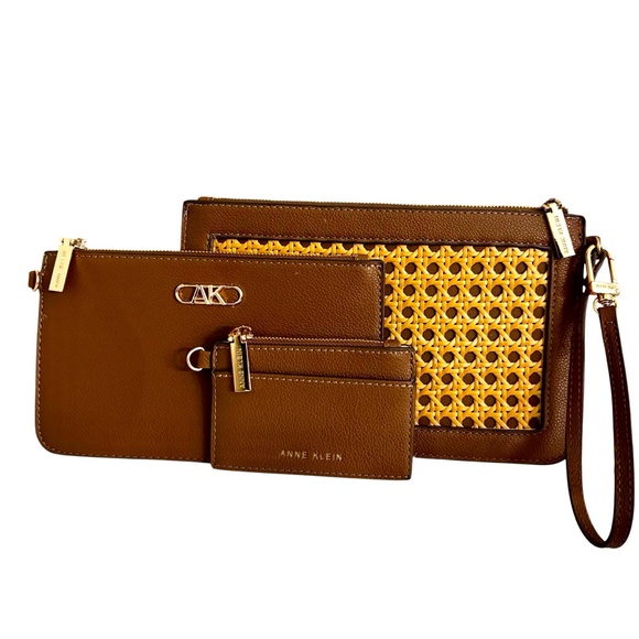 Anne Klein Handbags - Anne Klein NWOT Brown/Tan/Chestnut Gold Clutch Wristlet Wallet Trio Set New